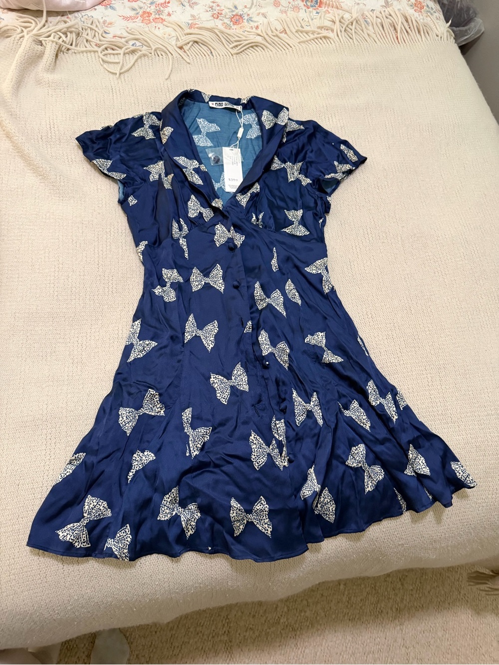 Ciao Lucia Navy Blue Bow-Print Short Sleeve Dress